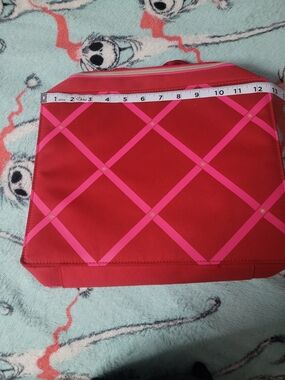 Red Cosmetic Pouch with Pink Lattice Accent 12×9